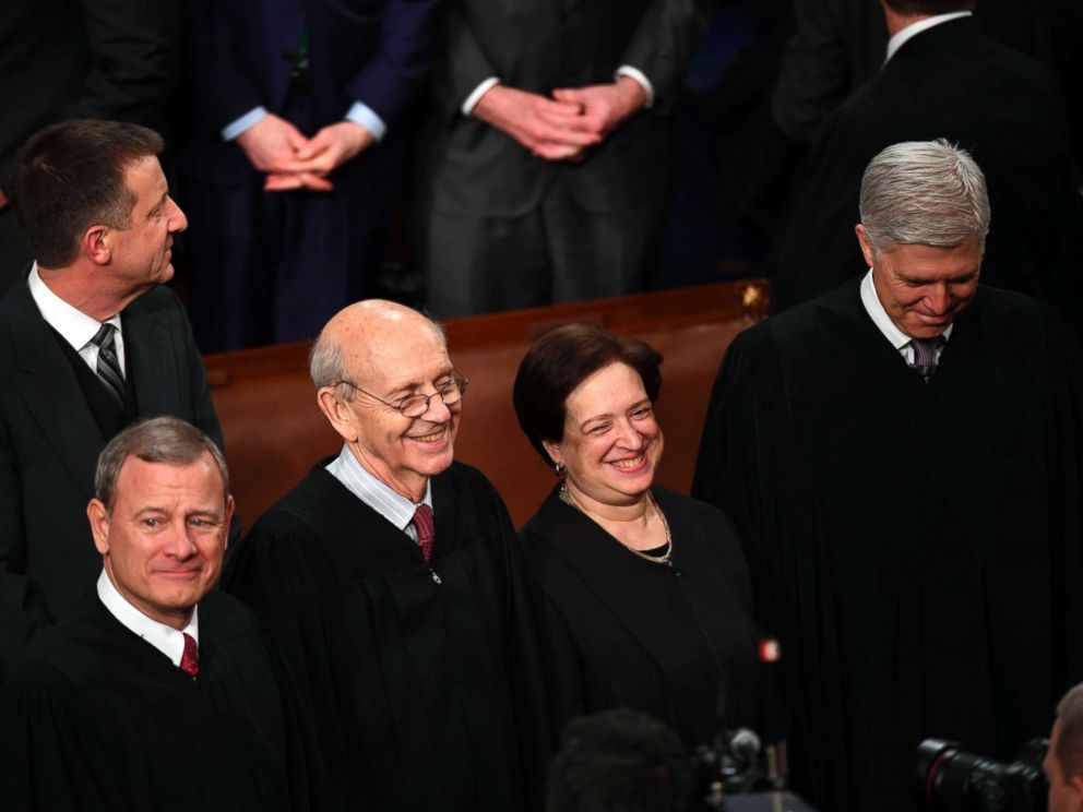 PHOTO: From left, Chief Justice of the U.S. Supreme Court John Roberts, Associate Justices Stephen Breyer, Elena Kagan and Neil Gorsuch are seen before President Donald Trump delivers the State of the Union address from the House chamber, Jan. 30, 2018.