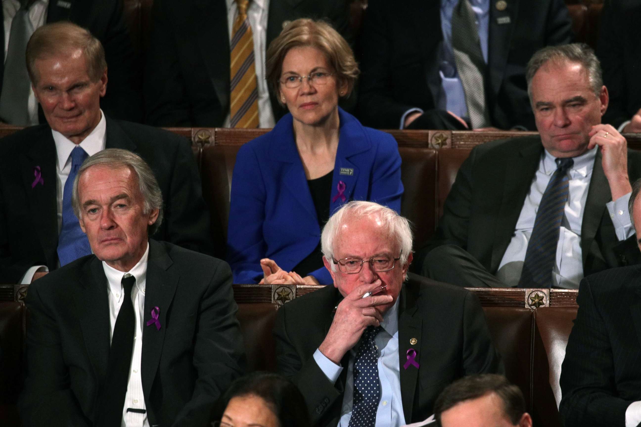 PHOTO: Senator Bernie Sanders, center, watches President Trump during the State of the Union address, January 30, 2018 in Washington, DC. 