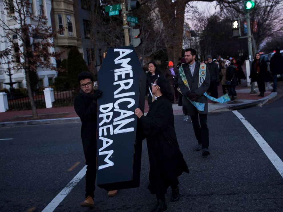 PHOTO: Activists and dreamers protest before President Donald Trumps State of the Union address on Jan. 30, 2018 in Washington.