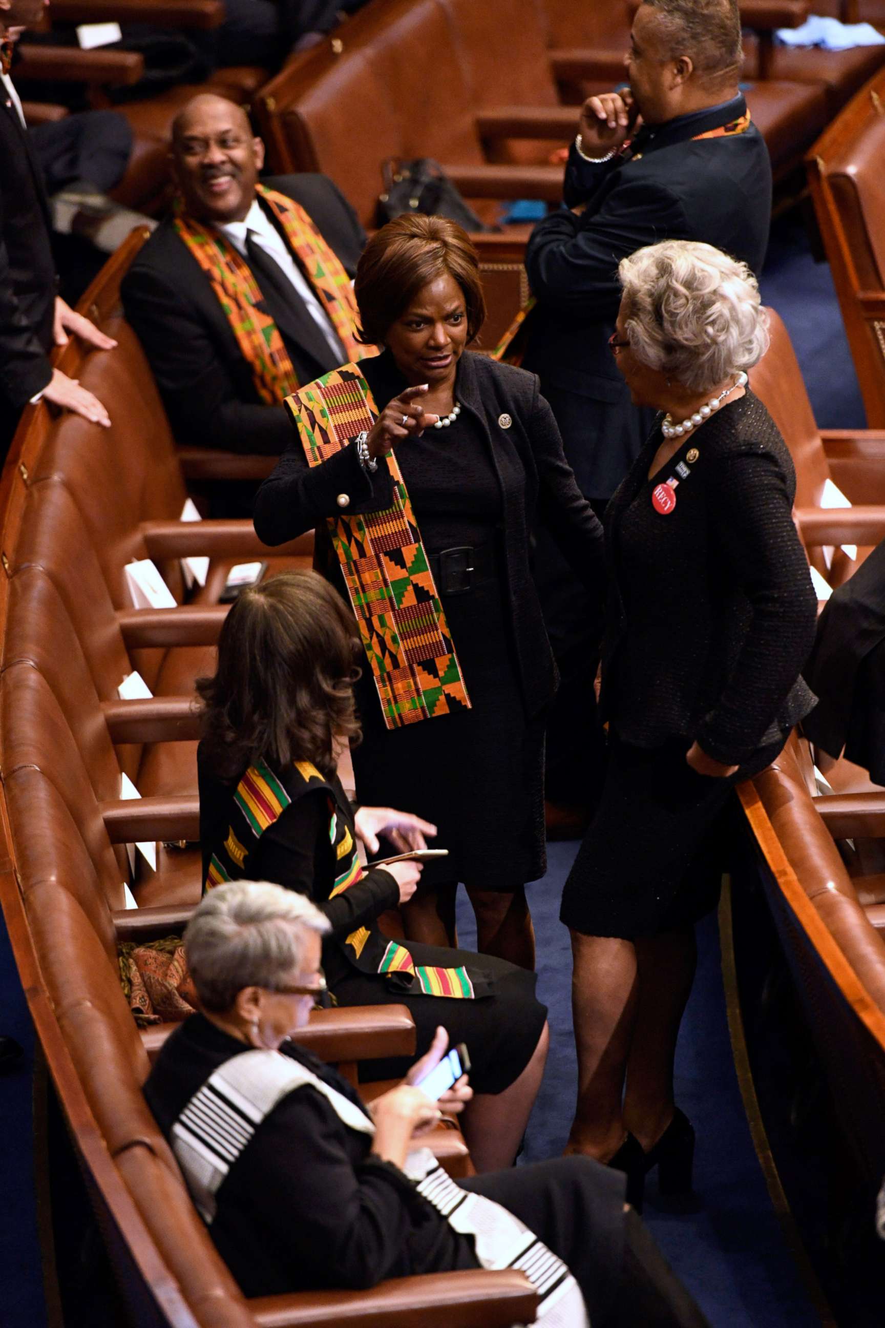 PHOTO: Democratic members of congress wear sashes representing countries that President Donald Trump reportedly demeaned ahead of the State of the Union address from the House chamber of the United States Capitol, Jan. 30, 2018.