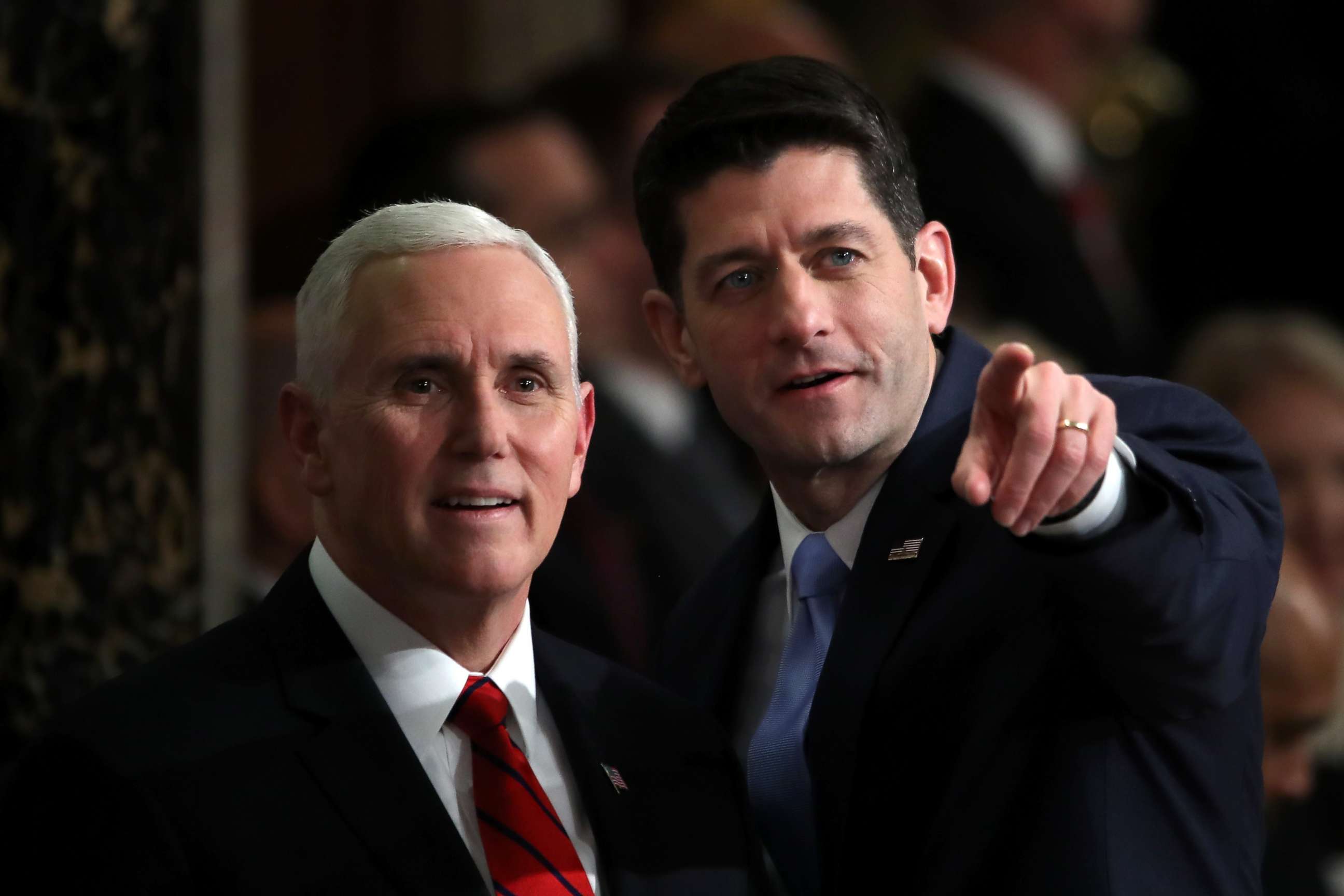 PHOTO: Vice President Mike Pence and Speaker of the House Paul Ryan attend the State of the Union address in the chamber of the U.S. House of Representatives Jan. 30, 2018 in Washington.
