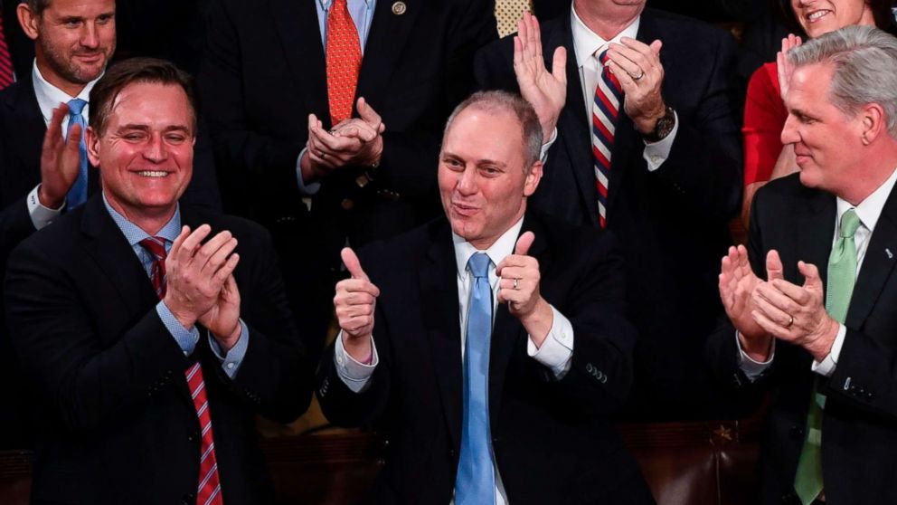 PHOTO: US Representative Steve Scalise gestures as President Donald Trump speaks during the State of the Union address at the US Capitol in Washington, Jan. 30, 2018.