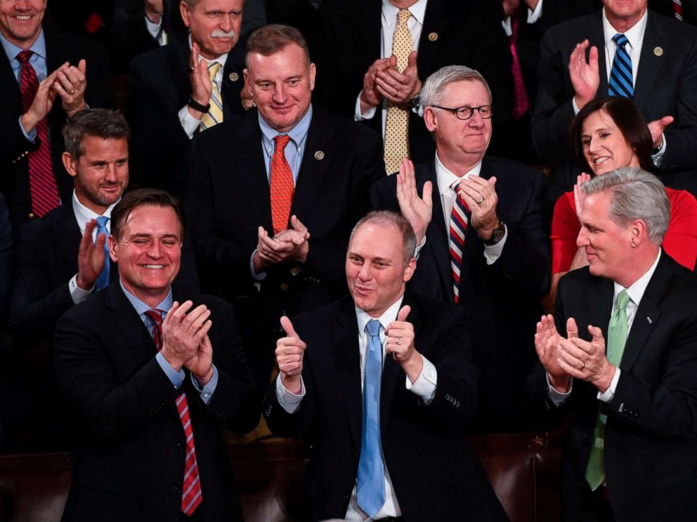 PHOTO: US Representative Steve Scalise gestures as President Donald Trump speaks during the State of the Union address at the US Capitol in Washington, Jan. 30, 2018.