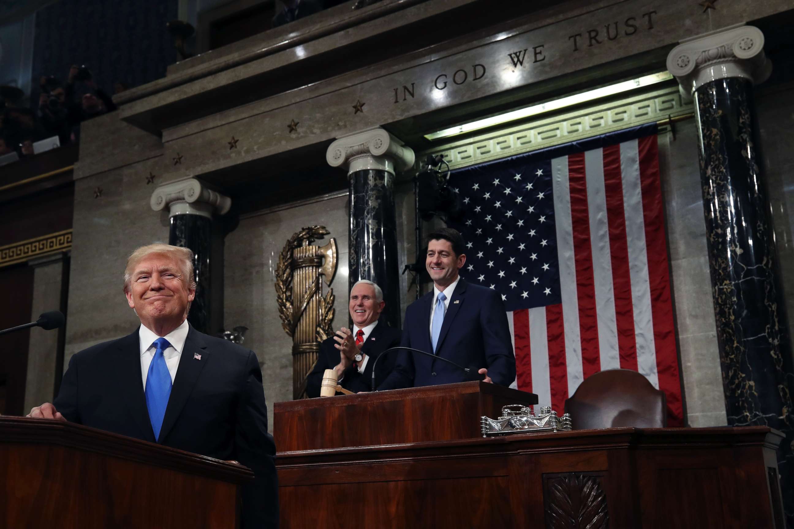 PHOTO: President Donald Trump pauses as delivers his first State of the Union address in the House chamber of the U.S. Capitol to a joint session of Congress, Jan. 30, 2018 in Washington.