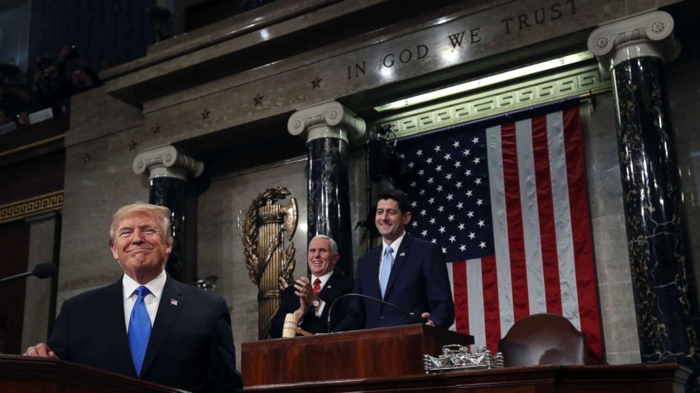 PHOTO: President Donald Trump pauses as delivers his first State of the Union address in the House chamber of the U.S. Capitol to a joint session of Congress, Jan. 30, 2018 in Washington.