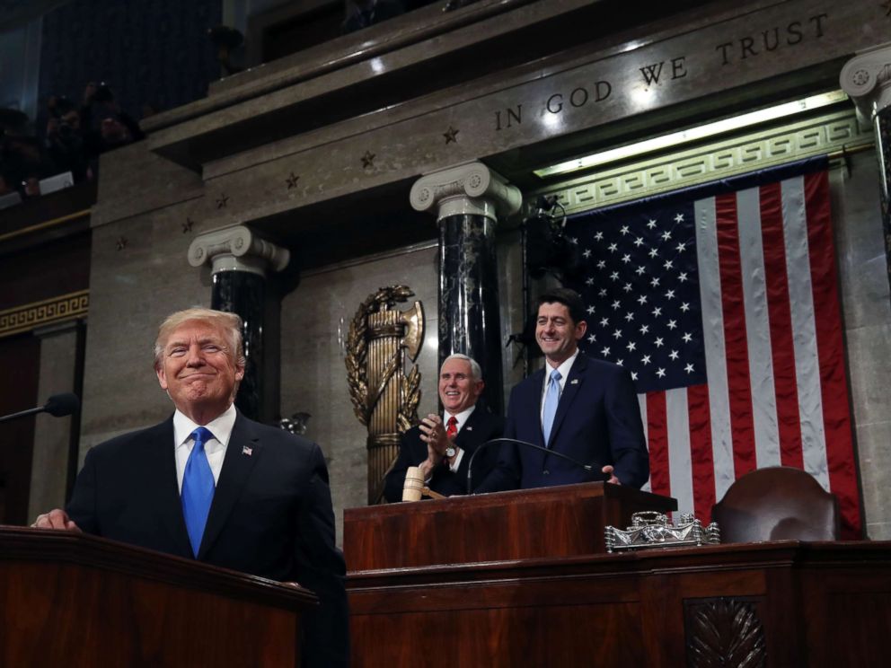 PHOTO: President Donald Trump pauses as delivers his first State of the Union address in the House chamber of the U.S. Capitol to a joint session of Congress, Jan. 30, 2018 in Washington.