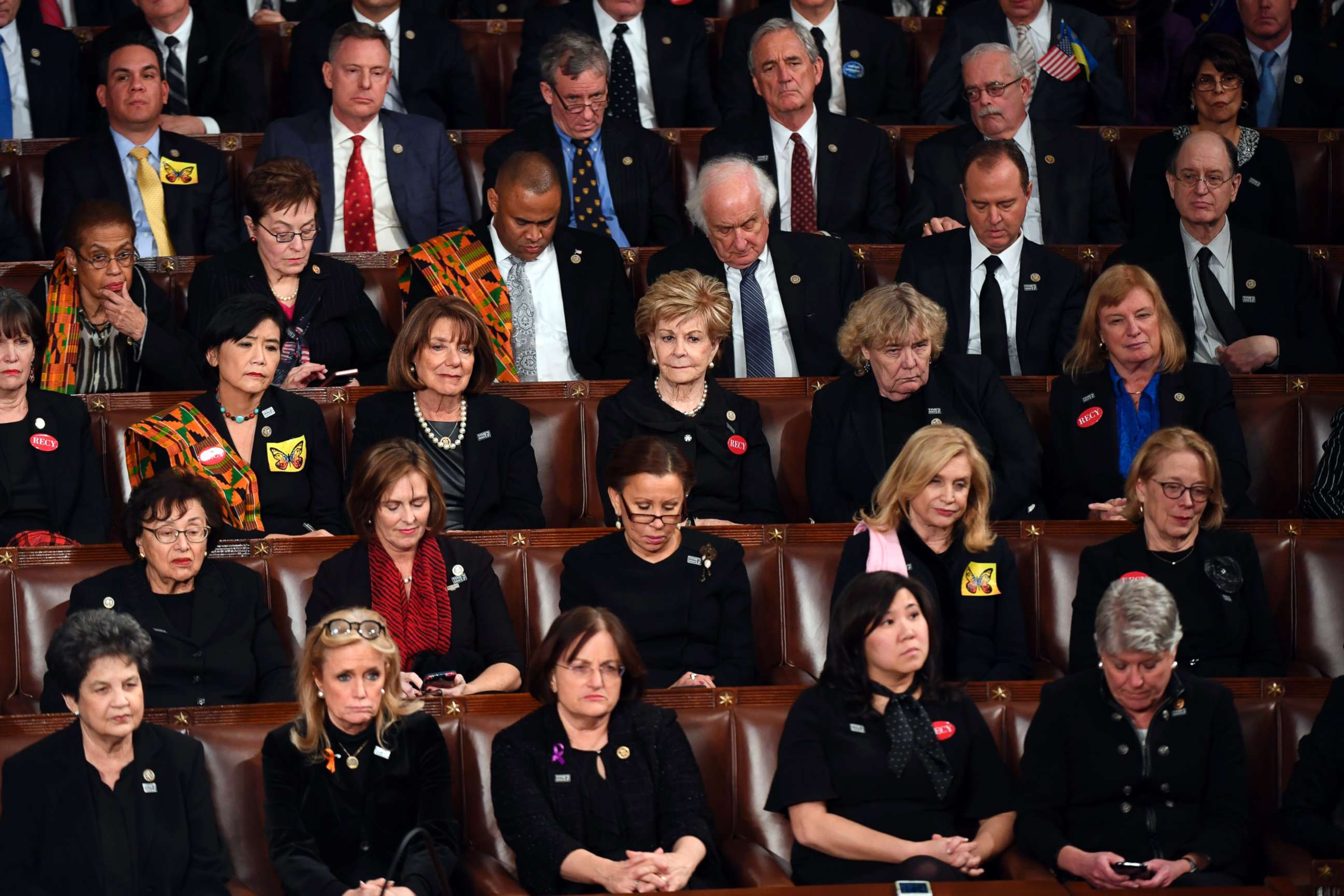 PHOTO: Democratic members of congress listen as President Donald Trump delivers the State of the Union address from the House chamber of the United States Capitol, Jan. 30, 2018.