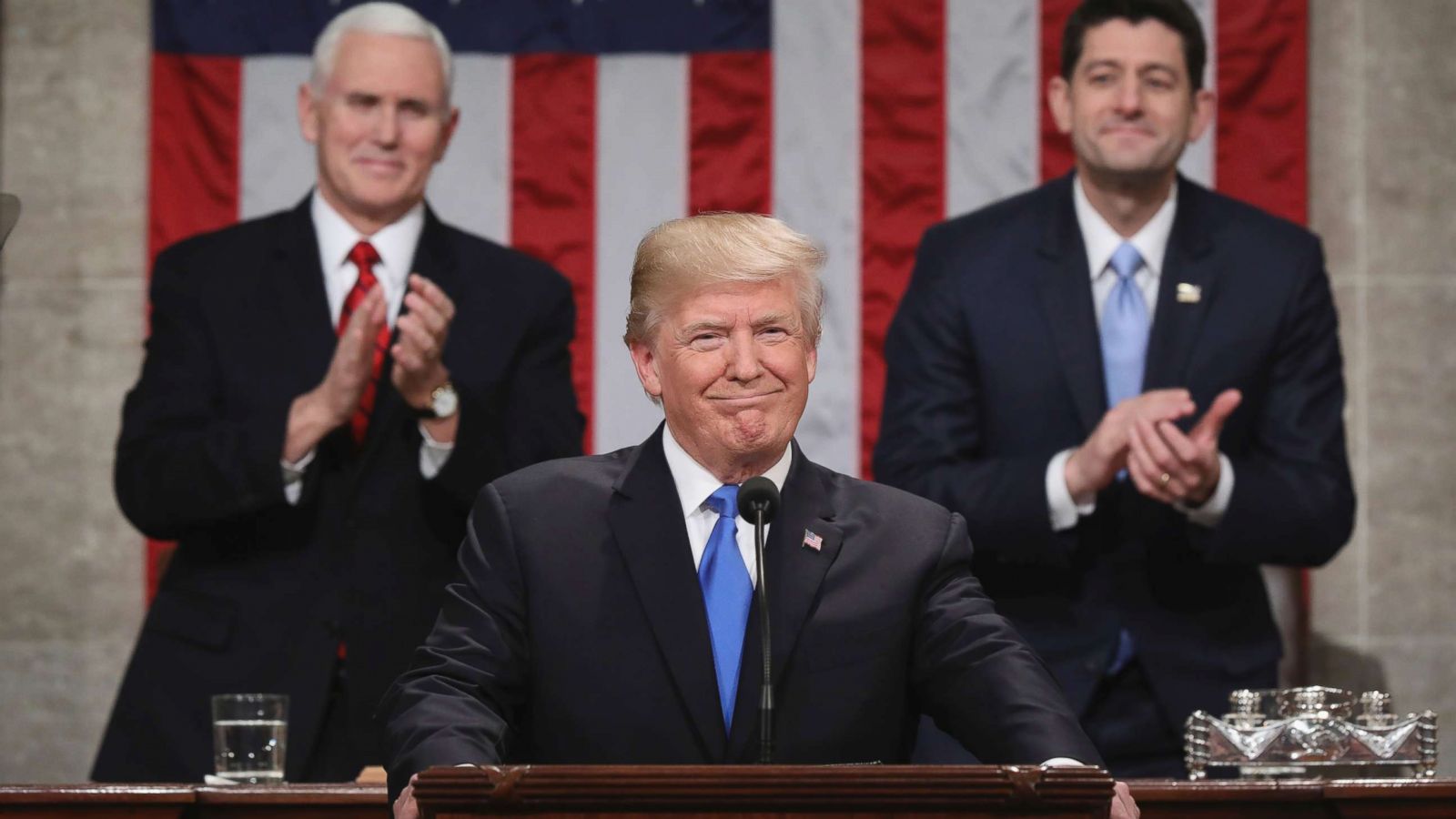 PHOTO: President Donald Trump pauses during his first State of the Union address in the House chamber of the U.S. Capitol to a joint session of Congress, Jan. 30, 2018 in Washington.