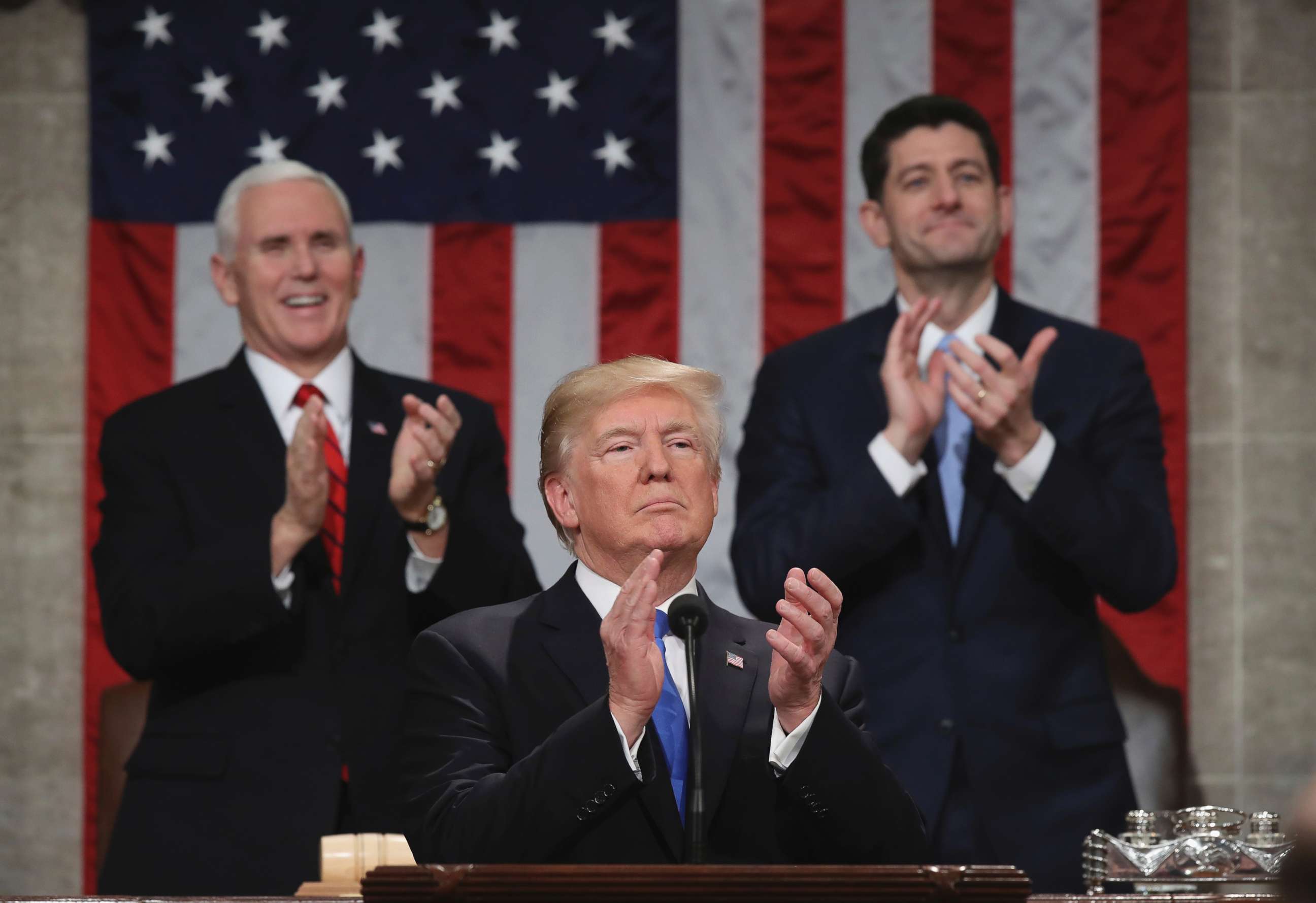 PHOTO: President Donald Trump pauses as he gives his first State of the Union address in the House chamber of the U.S. Capitol to a joint session of Congress, Jan. 30, 2018 in Washington.