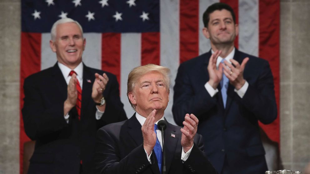 PHOTO: President Donald Trump pauses as he gives his first State of the Union address in the House chamber of the U.S. Capitol to a joint session of Congress, Jan. 30, 2018 in Washington.