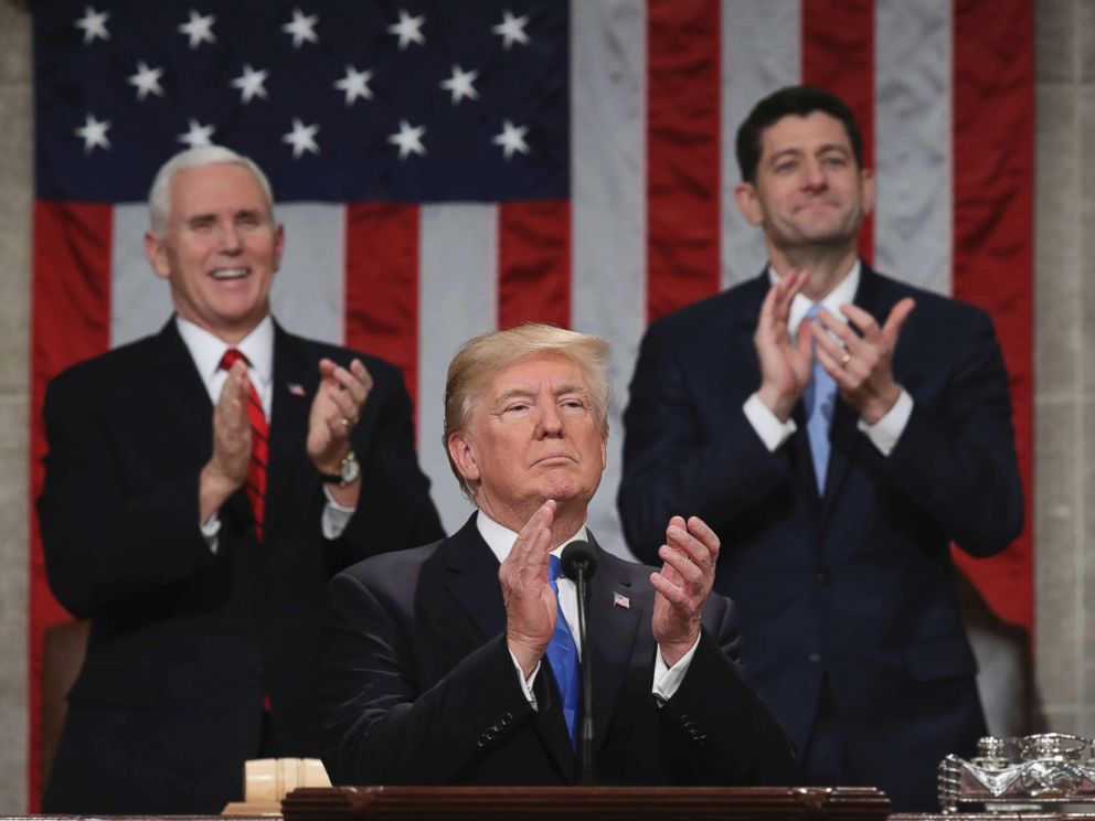 PHOTO: President Donald Trump pauses as he gives his first State of the Union address in the House chamber of the U.S. Capitol to a joint session of Congress, Jan. 30, 2018 in Washington.