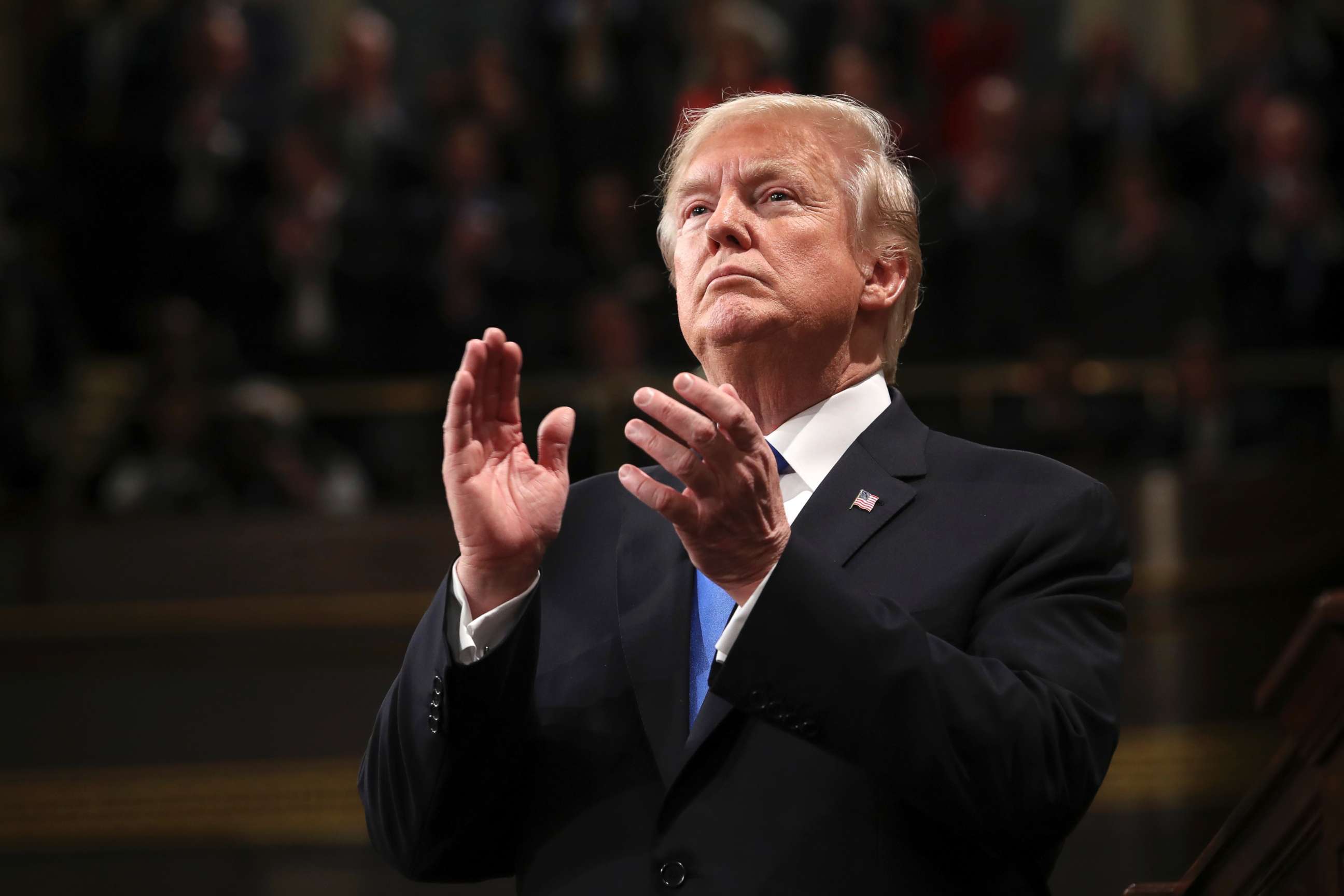 PHOTO: President Donald Trump claps during the State of the Union address in the House chamber of the U.S. Capitol to a joint session of Congress, Jan. 30, 2018 in Washington.