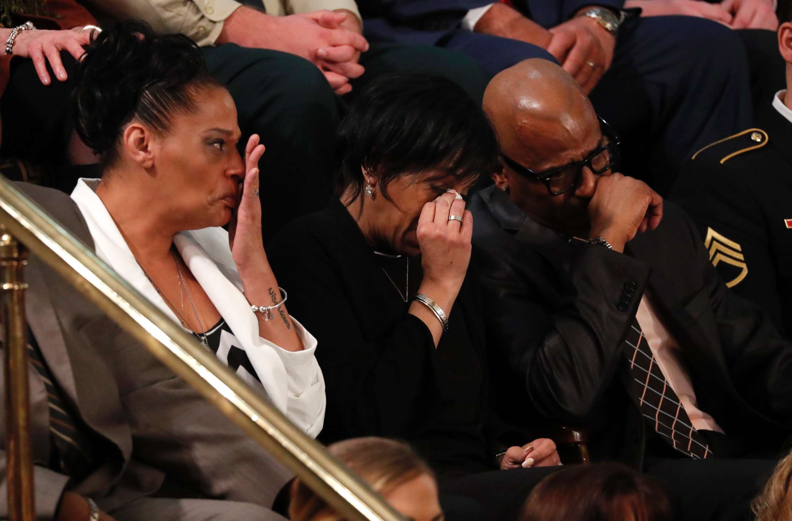 PHOTO: The parents of two girls whose murders have been attributed to MS-13, cry as U.S. President Donald Trump introduces them during his State of the Union address in Washington, Jan. 30, 2018.