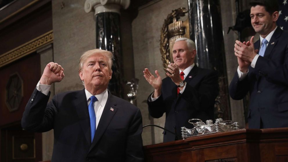 PHOTO: President Donald Trump gestures after his State of the Union address in the chamber of the U.S. House of Representatives in Washington, Jan. 30, 2018.