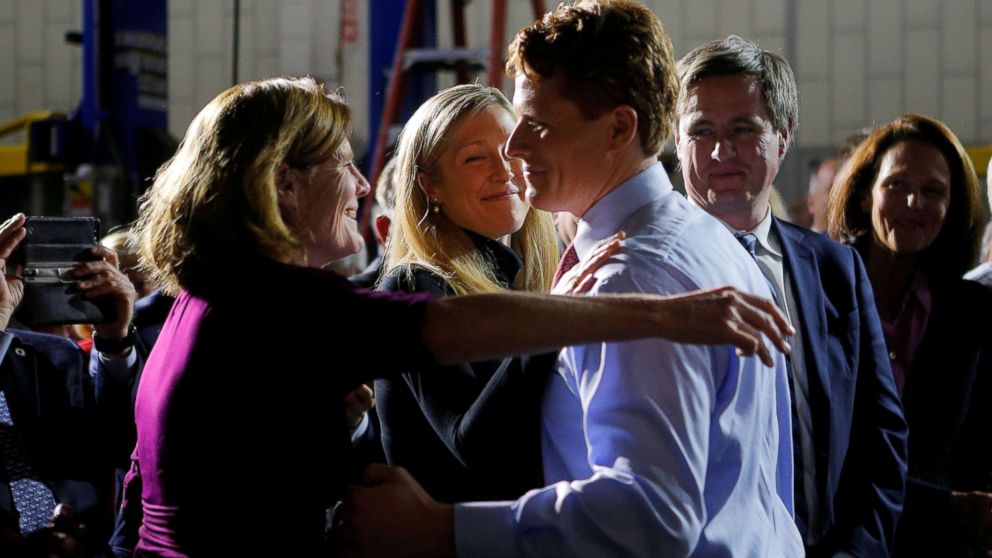 PHOTO: Rep. Joe Kennedy III hugs his wife Lauren and his mother Sheila Rauch after delivering the Democratic rebuttal to President Donald Trump's State of the Union address in Fall River, Mass., Jan. 30, 2018.