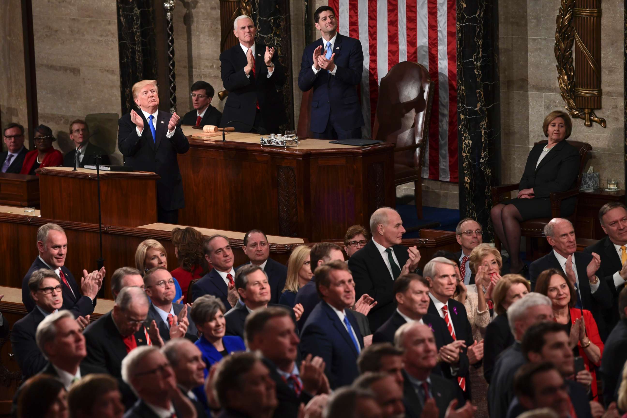 PHOTO: President Donald Trump leads applause for guests in the first lady's box during the State of the Union address to a joint session of Congress on Capitol Hill in Washington, Jan. 30, 2018.