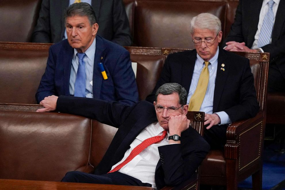 PHOTO: Sen. Joe Manchin, left, Sen. Roger Wicker, right, and Sen. John Barrasso, listen as President Joe Biden delivers his first State of the Union address to a joint session of Congress, at the Capitol in Washington, D.C., March 1, 2022.