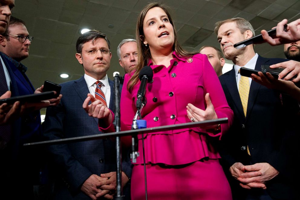 PHOTO: Rep. Elise Stefanik, center, accompanied by, from left, Reps. Mike Johnson, Mark Meadows, Lee Zeldin, and Jim Jordan, speaks to the media before the impeachment trial of President Donald Trump on Capitol Hill in Washington, Jan. 23, 2010.