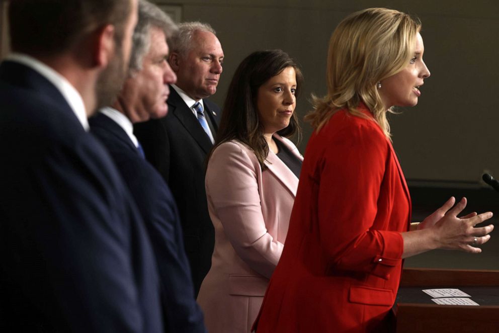 PHOTO: Rep. Ashley Hinson speaks, as House Republican Conference Chair Rep. Elise Stefanik, Rep. Steve Scalise and Rep Michael McCaul listen, during a news conference at the U.S Capitol June 15, 2021 in Washington, DC.