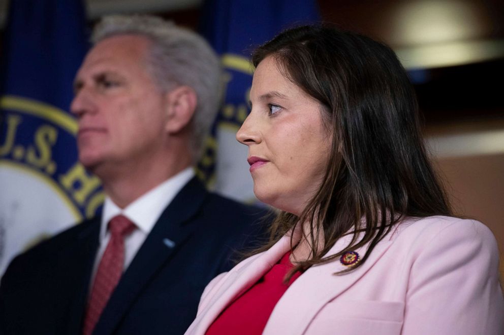 PHOTO: Rep. Kevin McCarthy, the House Minority Leader, and Rep. Elise Stefanik during a House Republican Leadership press conference at the U.S. Capitol in Washington,  June 23, 2021.
