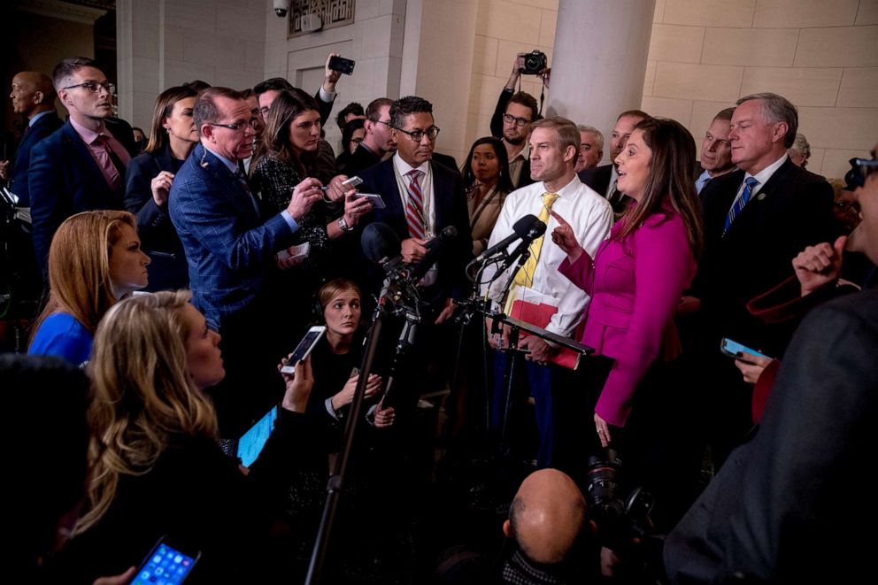 PHOTO: Rep. Elise Stefanik, Rep. Jim Jordan, Rep. Mark Meadows, and other Republican lawmakers, speak to members of the media following testimony from Marie Yovanovitch before the House Intelligence Committee on Capitol Hill in Washington, Nov. 15, 2019.