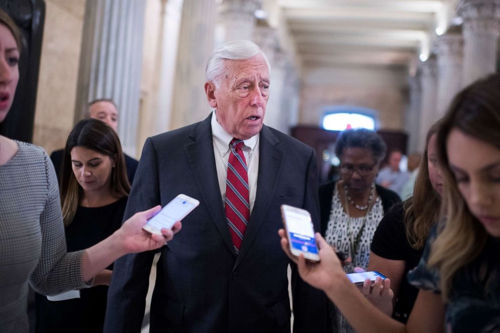 PHOTO: House Majority Leader Steny Hoyer, D-Md., talk with reporters after a news conference in the Capitol to call on the Senate to act on the Bipartisan Background Checks Act of 2019, which requires background checks all gun sales on.