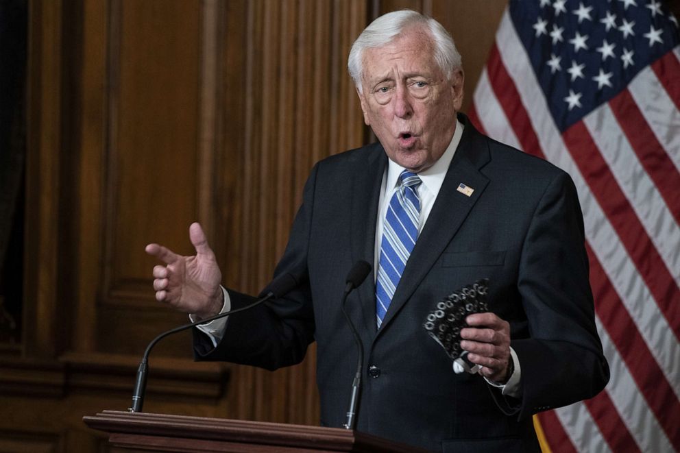 PHOTO: House Majority Leader Steny Hoyer speaks while participating in a signing ceremony of H.R. 266, The Paycheck Protection Program and Health Care Enhancement Act, in the Rayburn Room of the Capitol, April 23, 2020. 