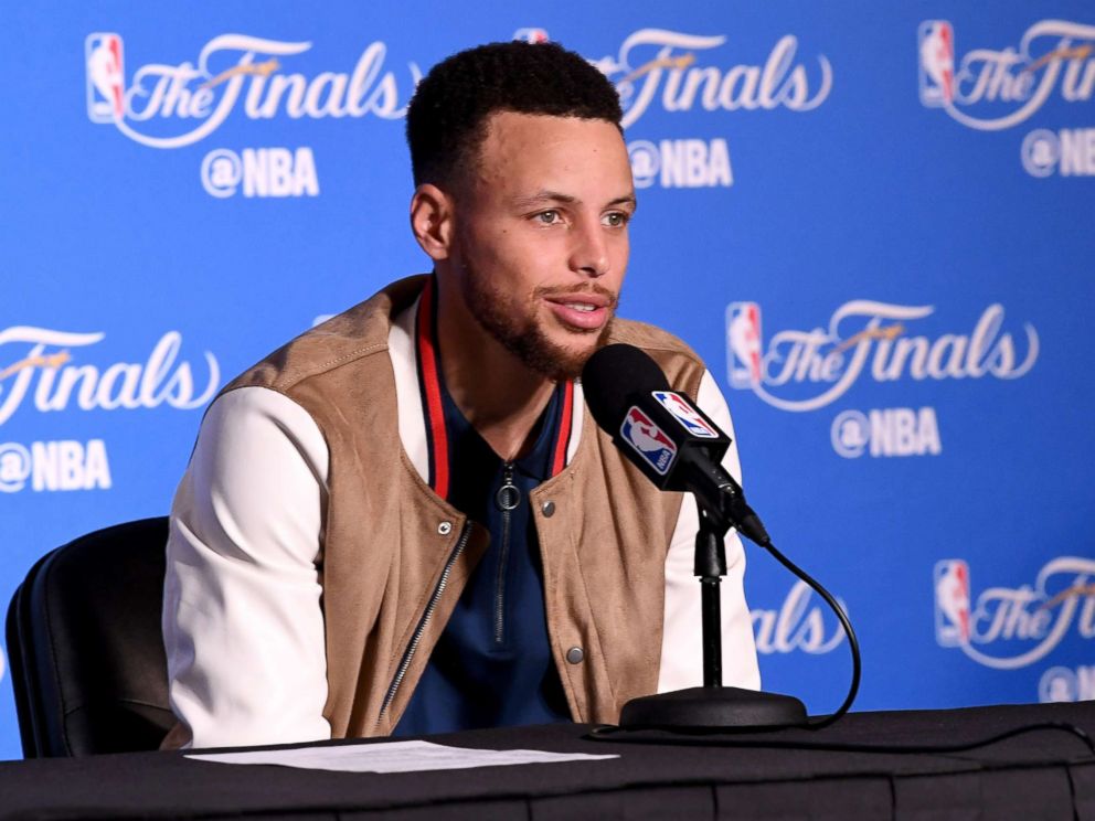 PHOTO: Stephen Curry #30 of the Golden State Warriors speaks at a postgame press conference following their 132-113 win over the Cleveland Cavaliers in Game 2 of the 2017 NBA Finals at ORACLE Arena, June 4, 2017 in Oakland, Calif.