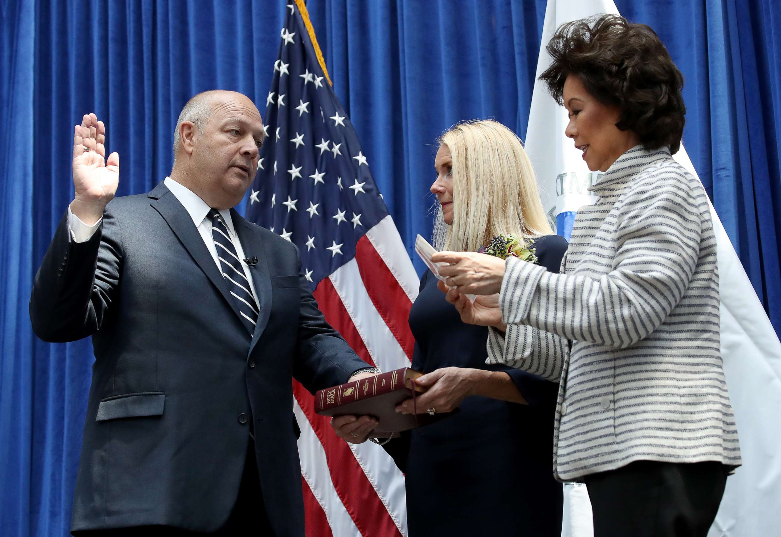PHOTO: Stephen Dickson is sworn in as FAA administrator by Transportation Secretary Elaine Chao during a ceremony at the Department of Transportation August 12, 2019, in Washington, D.C.
