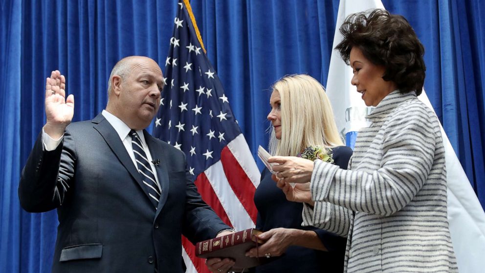 PHOTO: Stephen Dickson is sworn in as FAA administrator by Transportation Secretary Elaine Chao during a ceremony at the Department of Transportation August 12, 2019, in Washington, D.C.