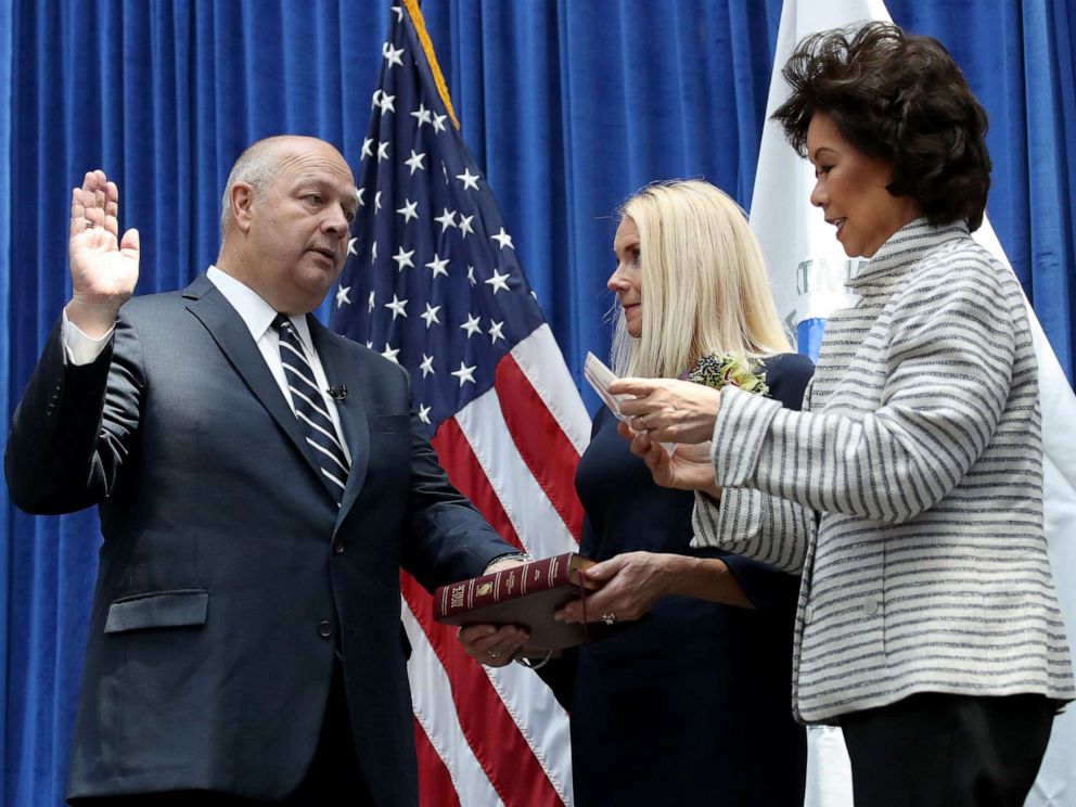 PHOTO: Stephen Dickson is sworn in as FAA administrator by Transportation Secretary Elaine Chao during a ceremony at the Department of Transportation August 12, 2019, in Washington, D.C.