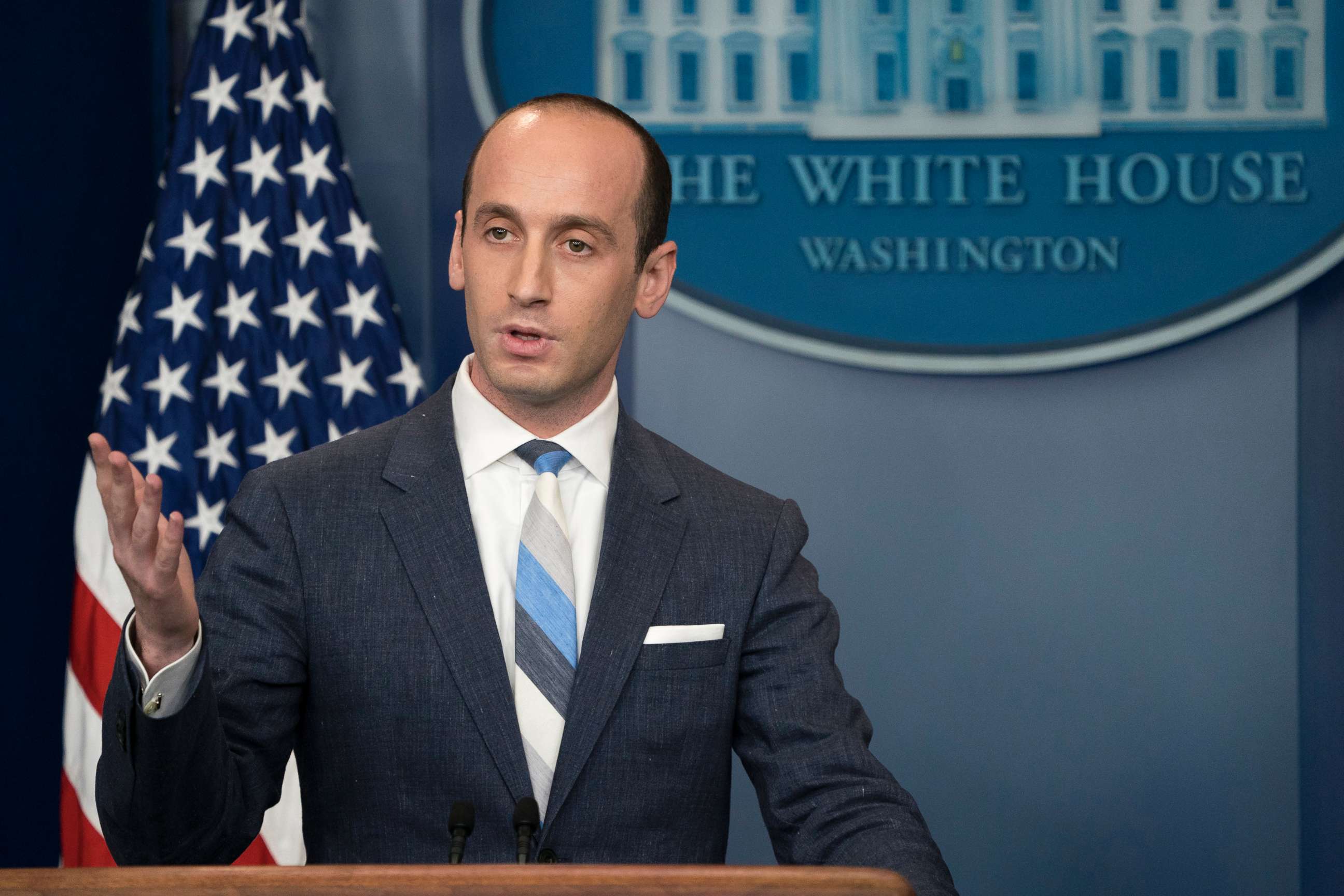 PHOTO: Senior Advisor for Policy to President Trump Stephen Miller responds to questions on the Trump administration's immigration policy announced today during the daily press briefing at the White House in Washington, D.C., Aug. 2, 2017.  
