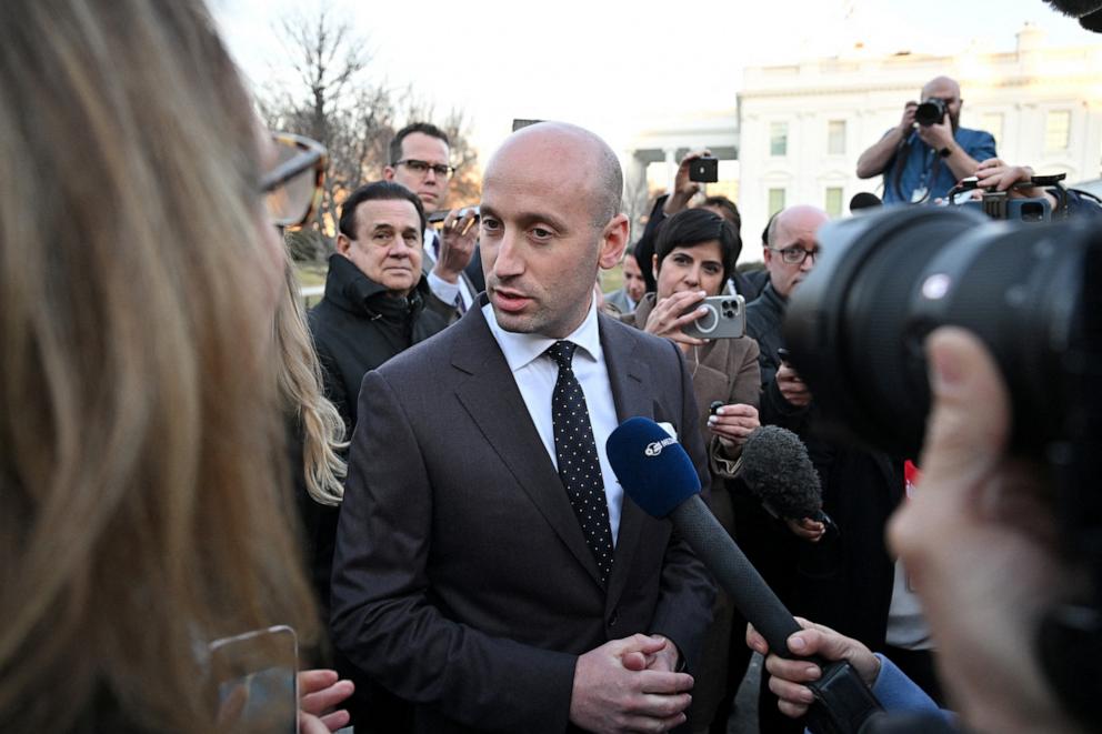 PHOTO: White House deputy chief of staff for policy and US homeland security advisor Stephen Miller speaks to members of the press outside the West Wing entrance of the White House in Washington, D.C., on Jan. 28, 2025.