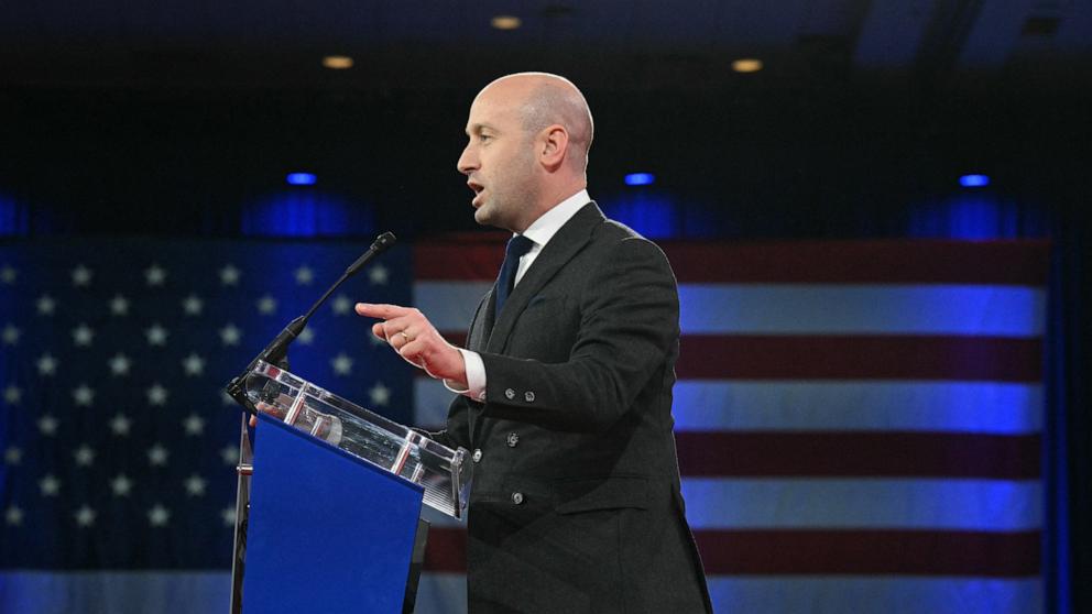 PHOTO: Stephen Miller, speaks during the annual Conservative Political Action Conference (CPAC) at the Gaylord National Resort & Convention Center at National Harbor in Oxon Hill, Maryland, on Feb. 22, 2025.