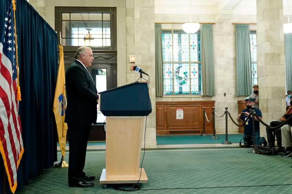 PHOTO: New Jersey Senate President Steve Sweeney speaks with members of the media during a news conference in Trenton, N.J., Nov. 10, 2021.