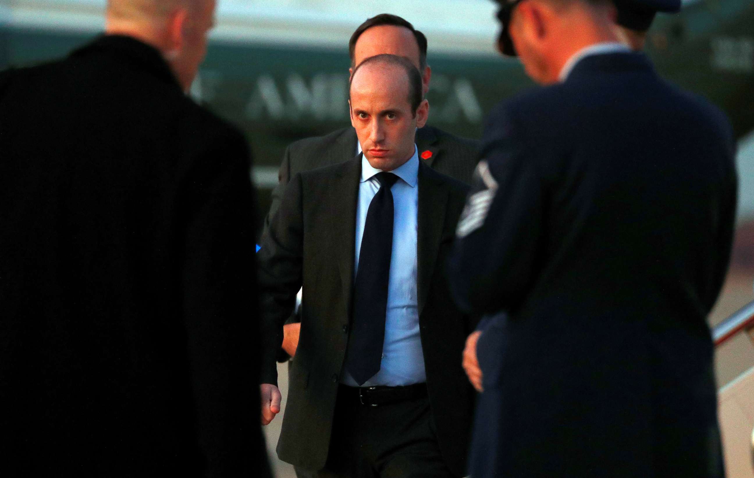 PHOTO: White House senior policy adviser Stephen Miller boards Air Force One to depart Washington with U.S. President Donald Trump for travel to Louisiana at Joint Base Andrews, Maryland, Nov. 14, 2019.
