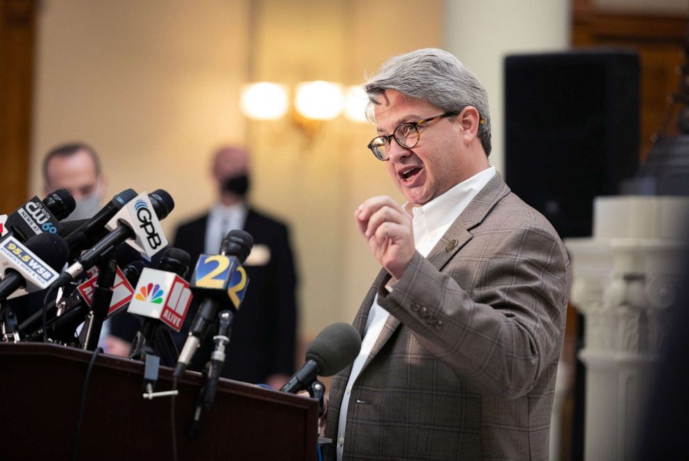 PHOTO: Gabriel Sterling, Voting Systems Manager for the Georgia Secretary of State's office, answers questions during a press conference on the status of ballot counting, Nov. 6, 2020 in Atlanta.