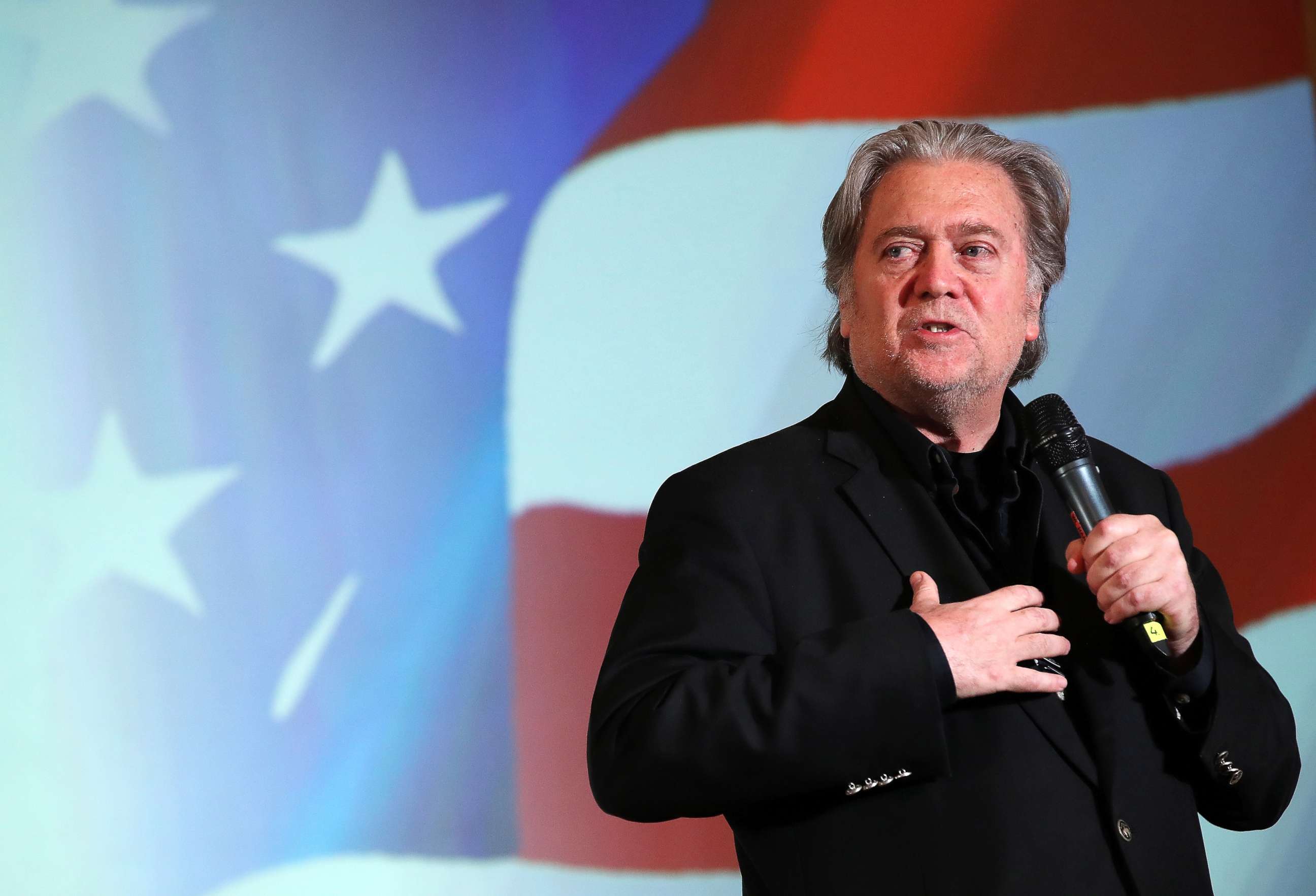 PHOTO: Steve Bannon, former White House Chief Strategist to President Donald Trump, speaks at a debate with Lanny Davis, former special counsel to Bill Clinton, at Zofin Palace, May 22, 2018, in Prague, Czech Republic.