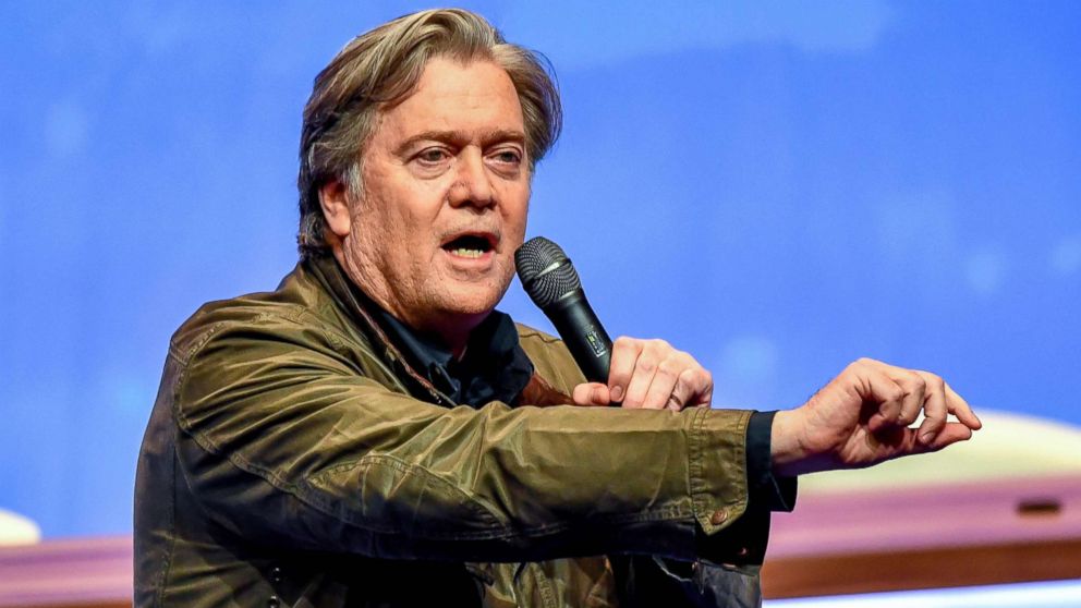 PHOTO: Steve Bannon gives a speech during the French far-right Front National (FN) party annual congress, March 10, 2018, at the Lille Grand Palais in Lille, France.