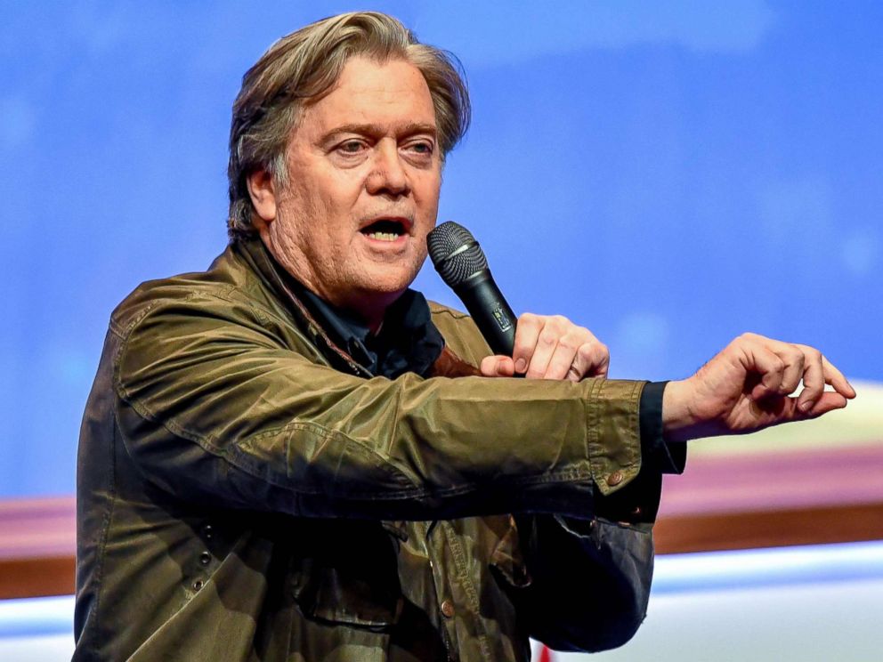 PHOTO: Steve Bannon gives a speech during the French far-right Front National (FN) party annual congress, March 10, 2018, at the Lille Grand Palais in Lille, France.