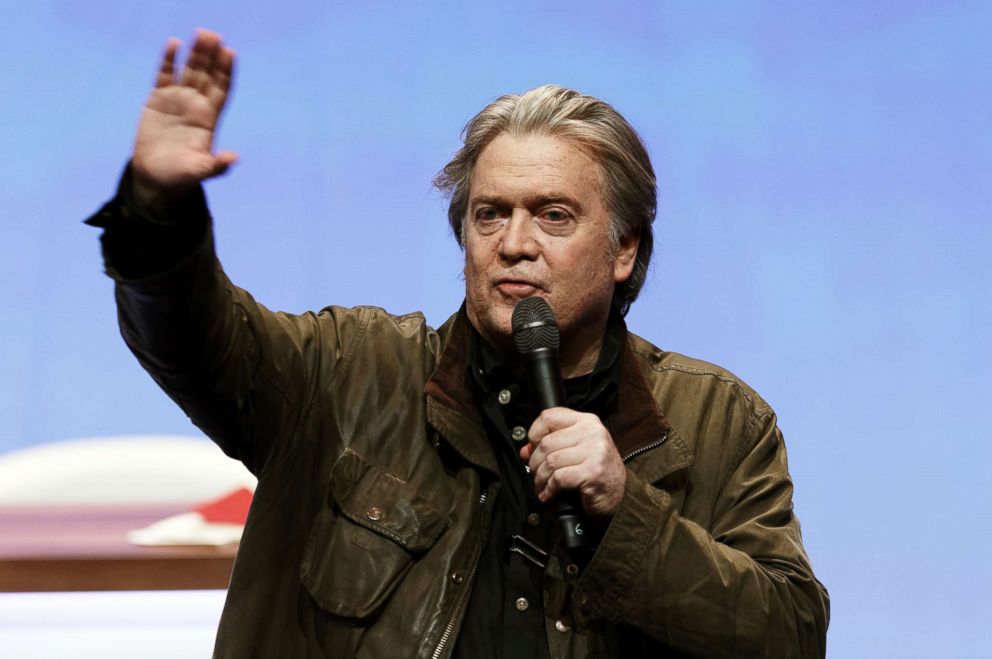 PHOTO: Steve Bannon delivers a speech during the French far-right Front National (FN) party annual congress, March 10, 2018 in Lille, France.