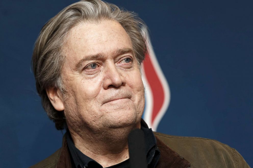 PHOTO: Steve Bannon gives a press conference during the French far-right Front National (FN) party annual congress, March 10, 2018 at the Grand Palais in Lille, France.