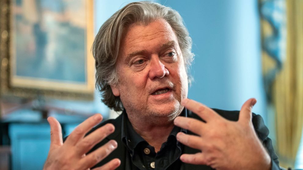 In this Aug. 19, 2018 file photo, Steve Bannon, President Donald Trump's former chief strategist, talks about the approaching midterm election during an interview in Washington.