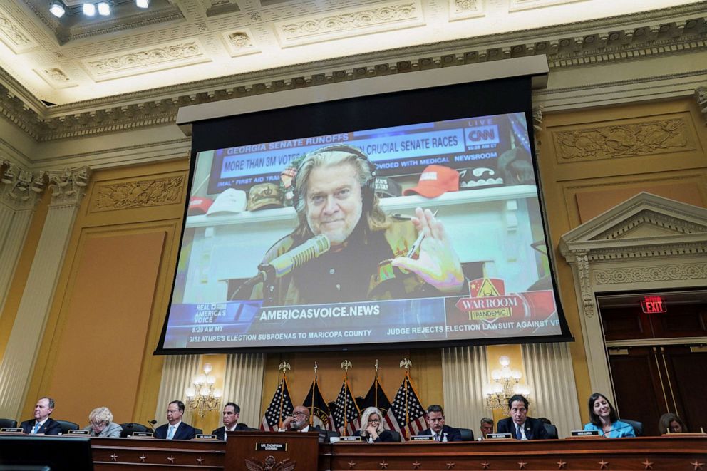 PHOTO: A video of Steve Bannon is displayed on a screen during a hearing of the U.S. House Select Committee to investigate the January 6 Attack on the United States Capitol in Washington, June 16, 2022.