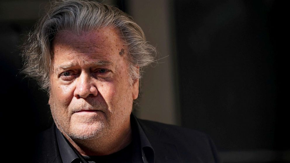 PHOTO: Steve Bannon speaks to reporters before entering District Court in Washington, June 15, 2022. 