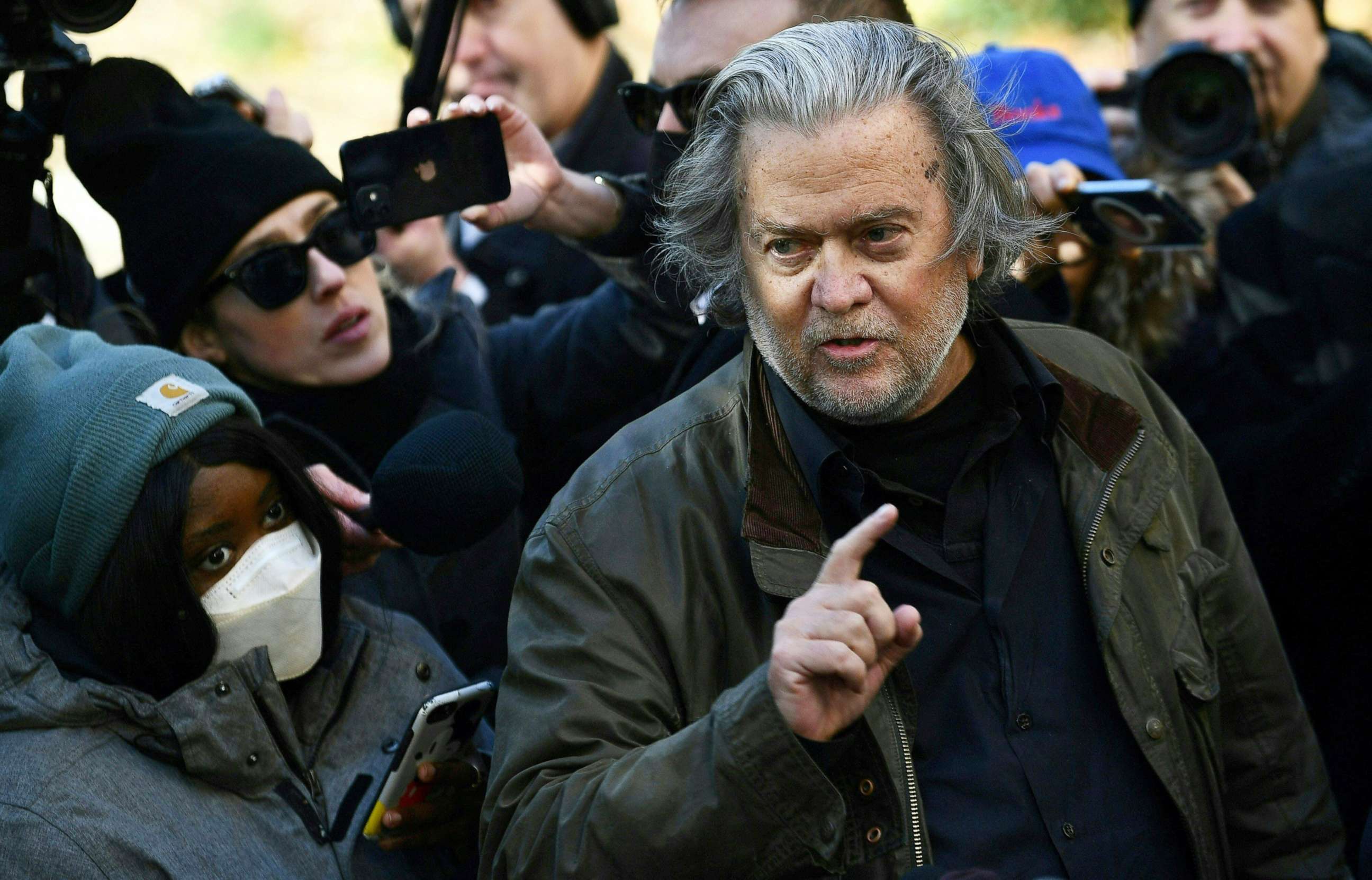 PHOTO: Former Trump Administration White House advisor Steve Bannon  speaks to members of the media after an appearance in the Federal District Court in Washington, Nov. 15, 2021. 