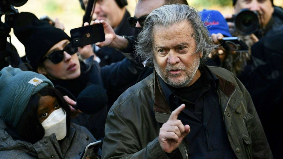 PHOTO: Former Trump Administration White House advisor Steve Bannon  speaks to members of the media after an appearance in the Federal District Court in Washington, Nov. 15, 2021. 