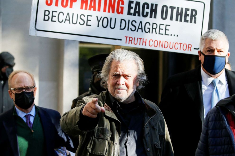 PHOTO: Steve Bannon, talk show host and former White House advisor to former President Donald Trump, gestures as he leaves an appearance in U.S. District Court in Washington, Nov. 15, 2021. 