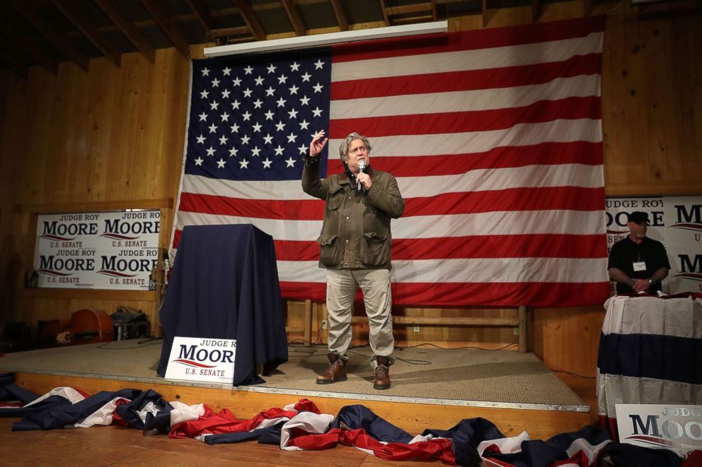 PHOTO: Steve Bannon speaks before introducing Republican Senatorial candidate Roy Moore during a campaign event at Oak Hollow Farm, Dec. 5, 2017, in Fairhope, Ala.