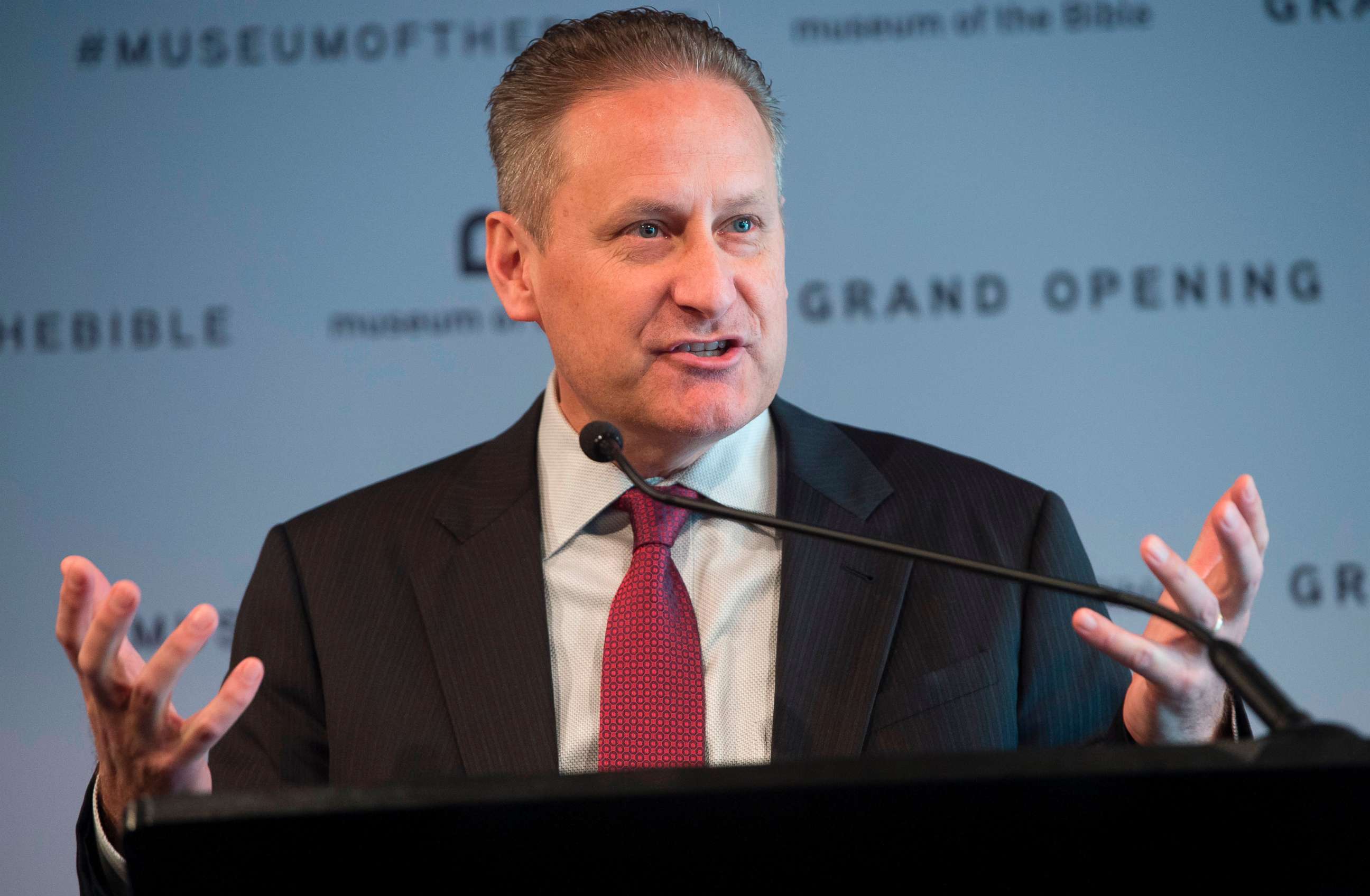 PHOTO: Steve Green, president of Hobby Lobby and chairman of the board of Museum of the Bible, speaks during a media preview of the new Museum of the Bible, in Washington, Nov. 14, 2017.